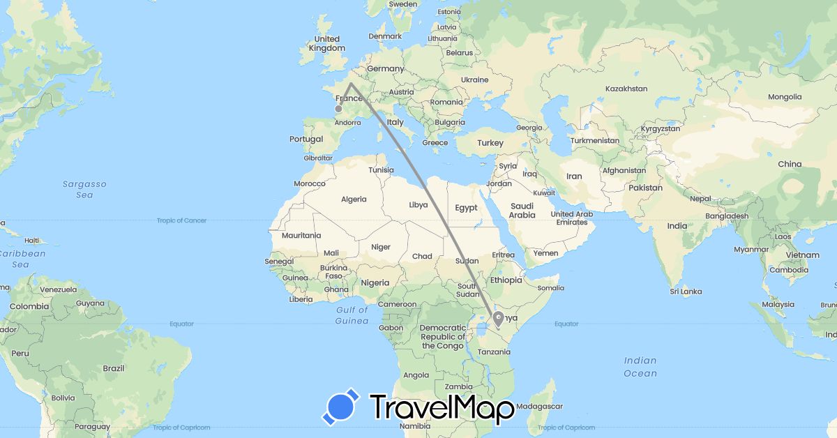 TravelMap itinerary: driving, plane in France, Kenya (Africa, Europe)